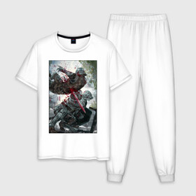 Мужская пижама хлопок с принтом Dark Souls воины в Тюмени, 100% хлопок | брюки и футболка прямого кроя, без карманов, на брюках мягкая резинка на поясе и по низу штанин
 | dark souls | fantasy | iron | warrior | бойцы | в доспехах | крестоносцы | фентези