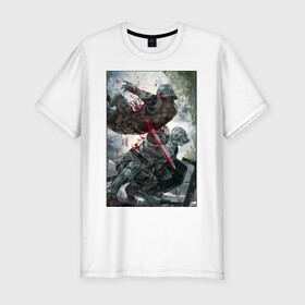 Мужская футболка хлопок Slim с принтом Dark Souls воины в Тюмени, 92% хлопок, 8% лайкра | приталенный силуэт, круглый вырез ворота, длина до линии бедра, короткий рукав | dark souls | fantasy | iron | warrior | бойцы | в доспехах | крестоносцы | фентези