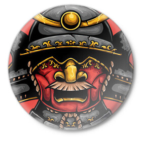 Значок с принтом Маска самурая в Тюмени,  металл | круглая форма, металлическая застежка в виде булавки | Тематика изображения на принте: арт | воин | демон | ёкай | китай | маска | рисунок | рога | самурай | солнце | япония