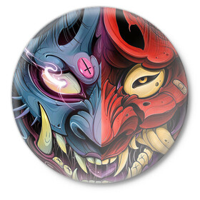 Значок с принтом Два лица в Тюмени,  металл | круглая форма, металлическая застежка в виде булавки | арт | воин | двойная маска | демон | ёкай | китай | лицо | лицо демона | маска | рисунок | рога | самурай | япония