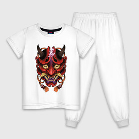 Детская пижама хлопок с принтом Маска демона в Тюмени, 100% хлопок |  брюки и футболка прямого кроя, без карманов, на брюках мягкая резинка на поясе и по низу штанин
 | арт | воин | демон | ёкай | зубы | иероглиф | иероглифы | китай | клыки | маска | маска демона | рисунок | рога | самурай | япония