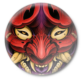 Значок с принтом Маска демона в Тюмени,  металл | круглая форма, металлическая застежка в виде булавки | Тематика изображения на принте: арт | воин | демон | ёкай | зубы | иероглиф | иероглифы | китай | клыки | маска | маска демона | рисунок | рога | самурай | япония