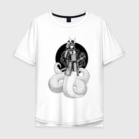 Мужская футболка хлопок Oversize с принтом Самурай наги в Тюмени, 100% хлопок | свободный крой, круглый ворот, “спинка” длиннее передней части | арт | воин | демон | ёкай | змея | китай | манга | маска | мистическое существо | наги | рисунок | рога | самурай | чешуя | япония
