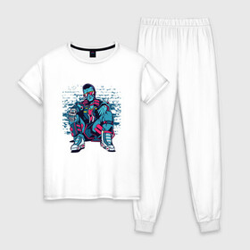 Женская пижама хлопок с принтом Cyberpunk Urban Man в Тюмени, 100% хлопок | брюки и футболка прямого кроя, без карманов, на брюках мягкая резинка на поясе и по низу штанин | brick | city | cyberpunk art | cyberpunk merch | cyborg | future | graffiti | graffity | neon | wall | будущее | город | граффити | киберпанк | киберпанк арт | киберпанк мерч | кирпичная стена | неон | рисунок в стиле киберпанк | урбан