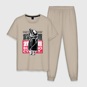 Мужская пижама хлопок с принтом Кибер Самурай Бусидо в Тюмени, 100% хлопок | брюки и футболка прямого кроя, без карманов, на брюках мягкая резинка на поясе и по низу штанин
 | Тематика изображения на принте: art | bushido | cyberpunk samurai | future | ninja | oni | ronin | samurai | shogun | арт | будущее | киберпанк самурай | мерч | мужик | мужчина | прикол | путь воина | путь война | ронин | сёгун | сепукку | токио | харакири