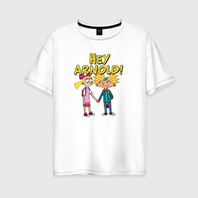 Женская футболка хлопок Oversize с принтом Арнольд и Хельга в Тюмени, 100% хлопок | свободный крой, круглый ворот, спущенный рукав, длина до линии бедер
 | arnold | helga | hey | hey arnold | арнольд | хельга | эй арнольд