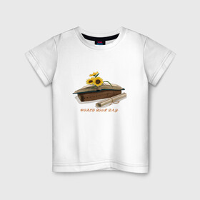 Детская футболка хлопок с принтом Worl Book Day в Тюмени, 100% хлопок | круглый вырез горловины, полуприлегающий силуэт, длина до линии бедер | день книги | книга | подсолнух | свиток | цветок