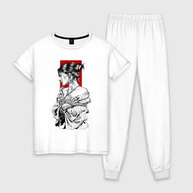 Женская пижама хлопок с принтом Шибари в Тюмени, 100% хлопок | брюки и футболка прямого кроя, без карманов, на брюках мягкая резинка на поясе и по низу штанин | арт | верёвка | девушка | кимано | рисунок | связывание | черно белый | чёрно белый рисунок | шибаре