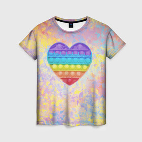 Женская футболка 3D с принтом Я твой поп-ит! в Тюмени, 100% полиэфир ( синтетическое хлопкоподобное полотно) | прямой крой, круглый вырез горловины, длина до линии бедер | антистресс | брызги | краска | краски | любовь | позитив | поп ит | радуга | сердечко | сердце