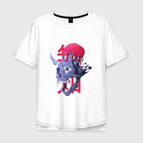 Мужская футболка хлопок Oversize с принтом Череп демона в Тюмени, 100% хлопок | свободный крой, круглый ворот, “спинка” длиннее передней части | арт | демон | ёкай | зубы | иероглиф | иероглифы | китай | клыки | мозг | рисунок | рога | япония