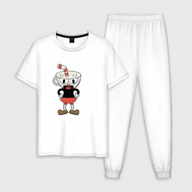 Мужская пижама хлопок с принтом Cuphead в Тюмени, 100% хлопок | брюки и футболка прямого кроя, без карманов, на брюках мягкая резинка на поясе и по низу штанин
 | cuphead | game | красная соломинка | платформер | стоит