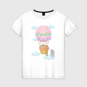 Женская футболка хлопок с принтом кролик и воздушный шар в Тюмени, 100% хлопок | прямой крой, круглый вырез горловины, длина до линии бедер, слегка спущенное плечо | воздушный шар | детская иллюстрация | зайчик | зеленый | коробка | кролик | небо | облако | подарки | розовый | сюрприз