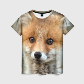 Женская футболка 3D с принтом Миленький лисенок в Тюмени, 100% полиэфир ( синтетическое хлопкоподобное полотно) | прямой крой, круглый вырез горловины, длина до линии бедер | fox | foxy | животное | звери | лиса | лисенок | лисичка | милая | рыжая | фокс