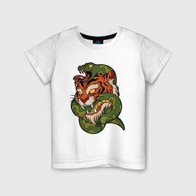 Детская футболка хлопок с принтом Тигр кусает змею в Тюмени, 100% хлопок | круглый вырез горловины, полуприлегающий силуэт, длина до линии бедер | битва | змея | кобра | тигр | хищники | яд