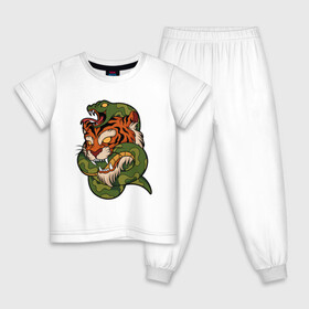 Детская пижама хлопок с принтом Тигр кусает змею в Тюмени, 100% хлопок |  брюки и футболка прямого кроя, без карманов, на брюках мягкая резинка на поясе и по низу штанин
 | Тематика изображения на принте: битва | змея | кобра | тигр | хищники | яд