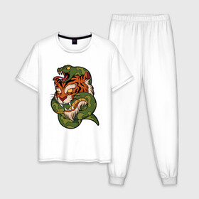 Мужская пижама хлопок с принтом Тигр кусает змею в Тюмени, 100% хлопок | брюки и футболка прямого кроя, без карманов, на брюках мягкая резинка на поясе и по низу штанин
 | битва | змея | кобра | тигр | хищники | яд