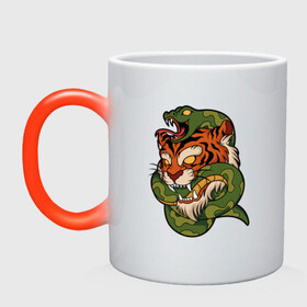 Кружка хамелеон с принтом Тигр кусает змею в Тюмени, керамика | меняет цвет при нагревании, емкость 330 мл | битва | змея | кобра | тигр | хищники | яд