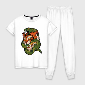 Женская пижама хлопок с принтом Тигр кусает змею в Тюмени, 100% хлопок | брюки и футболка прямого кроя, без карманов, на брюках мягкая резинка на поясе и по низу штанин | битва | змея | кобра | тигр | хищники | яд