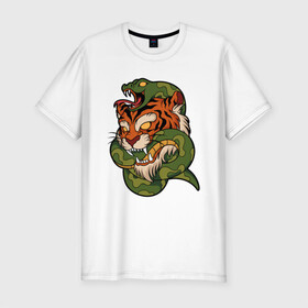 Мужская футболка хлопок Slim с принтом Тигр кусает змею в Тюмени, 92% хлопок, 8% лайкра | приталенный силуэт, круглый вырез ворота, длина до линии бедра, короткий рукав | битва | змея | кобра | тигр | хищники | яд