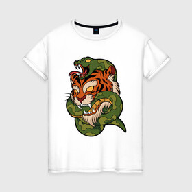Женская футболка хлопок с принтом Тигр кусает змею в Тюмени, 100% хлопок | прямой крой, круглый вырез горловины, длина до линии бедер, слегка спущенное плечо | битва | змея | кобра | тигр | хищники | яд