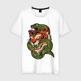 Мужская футболка хлопок с принтом Тигр кусает змею в Тюмени, 100% хлопок | прямой крой, круглый вырез горловины, длина до линии бедер, слегка спущенное плечо. | битва | змея | кобра | тигр | хищники | яд