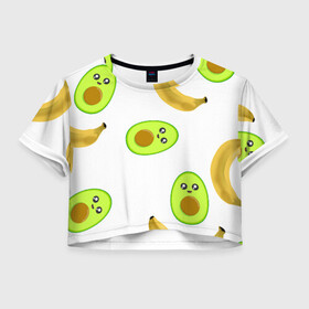Женская футболка Crop-top 3D с принтом Банан и Авокадо в Тюмени, 100% полиэстер | круглая горловина, длина футболки до линии талии, рукава с отворотами | авокадо | банан | витамины | вкусный | глаза | деликатес | десерт | диета | еда | жёлтый | кожура | косточка | лицо | меню | модный | мякоть | плод | прикол | рот | сладкий | смешной | смузи | сочный