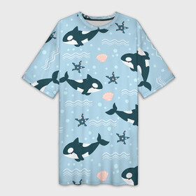 Платье-футболка 3D с принтом Косатки киты в Тюмени,  |  | whale | касатка | кит | киты | косатка | косатки | морские | паттерн