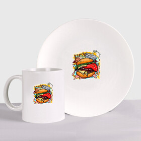 Набор: тарелка + кружка с принтом Hey, Burger!  в Тюмени, керамика | Кружка: объем — 330 мл, диаметр — 80 мм. Принт наносится на бока кружки, можно сделать два разных изображения. 
Тарелка: диаметр - 210 мм, диаметр для нанесения принта - 120 мм. | Тематика изображения на принте: burger | вредная еда | гамбургер | иллюстрация | напиток