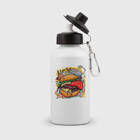 Бутылка спортивная с принтом Hey, Burger!  в Тюмени, металл | емкость — 500 мл, в комплекте две пластиковые крышки и карабин для крепления | burger | вредная еда | гамбургер | иллюстрация | напиток