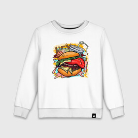 Детский свитшот хлопок с принтом Hey, Burger!  в Тюмени, 100% хлопок | круглый вырез горловины, эластичные манжеты, пояс и воротник | Тематика изображения на принте: burger | вредная еда | гамбургер | иллюстрация | напиток