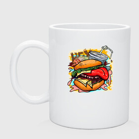 Кружка керамическая с принтом Hey, Burger!  в Тюмени, керамика | объем — 330 мл, диаметр — 80 мм. Принт наносится на бока кружки, можно сделать два разных изображения | Тематика изображения на принте: burger | вредная еда | гамбургер | иллюстрация | напиток
