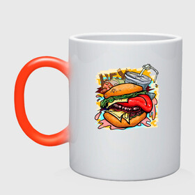 Кружка хамелеон с принтом Hey, Burger!  в Тюмени, керамика | меняет цвет при нагревании, емкость 330 мл | Тематика изображения на принте: burger | вредная еда | гамбургер | иллюстрация | напиток