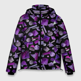 Мужская зимняя куртка 3D с принтом Геометрический фиолетовый в Тюмени, верх — 100% полиэстер; подкладка — 100% полиэстер; утеплитель — 100% полиэстер | длина ниже бедра, свободный силуэт Оверсайз. Есть воротник-стойка, отстегивающийся капюшон и ветрозащитная планка. 

Боковые карманы с листочкой на кнопках и внутренний карман на молнии. | abstraction | black | dark | geometric | violet | абстракция | геометрический | геометрия | квадрат | круг | линии | темный | треугольник | фиолетовый | черный