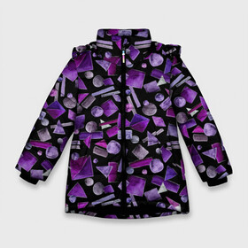 Зимняя куртка для девочек 3D с принтом Геометрический фиолетовый в Тюмени, ткань верха — 100% полиэстер; подклад — 100% полиэстер, утеплитель — 100% полиэстер. | длина ниже бедра, удлиненная спинка, воротник стойка и отстегивающийся капюшон. Есть боковые карманы с листочкой на кнопках, утяжки по низу изделия и внутренний карман на молнии. 

Предусмотрены светоотражающий принт на спинке, радужный светоотражающий элемент на пуллере молнии и на резинке для утяжки. | abstraction | black | dark | geometric | violet | абстракция | геометрический | геометрия | квадрат | круг | линии | темный | треугольник | фиолетовый | черный