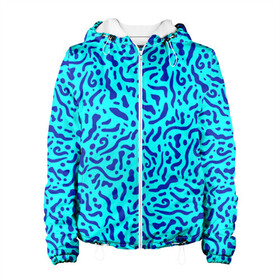 Женская куртка 3D с принтом Неоновые синие узоры в Тюмени, ткань верха — 100% полиэстер, подклад — флис | прямой крой, подол и капюшон оформлены резинкой с фиксаторами, два кармана без застежек по бокам, один большой потайной карман на груди. Карман на груди застегивается на липучку | abstract | blue | neon | sea | абстракционизм | абстракция | африканские | вода | волны | голубые узоры | камуфляж | лагуна | линии | мелкий узор | мемфис | море | морское | неоновый | орнамент | пятна | пятнистый