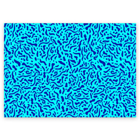 Поздравительная открытка с принтом Неоновые синие узоры в Тюмени, 100% бумага | плотность бумаги 280 г/м2, матовая, на обратной стороне линовка и место для марки
 | abstract | blue | neon | sea | абстракционизм | абстракция | африканские | вода | волны | голубые узоры | камуфляж | лагуна | линии | мелкий узор | мемфис | море | морское | неоновый | орнамент | пятна | пятнистый