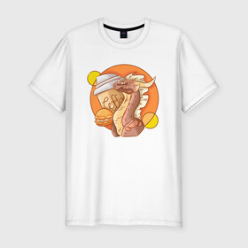 Мужская футболка хлопок Slim с принтом Кофейный дракон в Тюмени, 92% хлопок, 8% лайкра | приталенный силуэт, круглый вырез ворота, длина до линии бедра, короткий рукав | дракон | дракон с кофе | коричневый | кофе | оранжевый