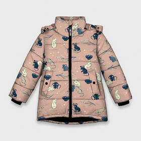 Зимняя куртка для девочек 3D с принтом мышки в японском стиле в Тюмени, ткань верха — 100% полиэстер; подклад — 100% полиэстер, утеплитель — 100% полиэстер. | длина ниже бедра, удлиненная спинка, воротник стойка и отстегивающийся капюшон. Есть боковые карманы с листочкой на кнопках, утяжки по низу изделия и внутренний карман на молнии. 

Предусмотрены светоотражающий принт на спинке, радужный светоотражающий элемент на пуллере молнии и на резинке для утяжки. | анималистический паттерн. | бесшовный паттерн | в японском стиле | мыши | розовый | сакура | япония