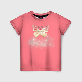 Детская футболка 3D с принтом Блестящая бабочка в Тюмени, 100% гипоаллергенный полиэфир | прямой крой, круглый вырез горловины, длина до линии бедер, чуть спущенное плечо, ткань немного тянется | insects | pink girls | бабочка | блёстки | опыление | пыльца | розовое