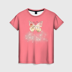 Женская футболка 3D с принтом Блестящая бабочка в Тюмени, 100% полиэфир ( синтетическое хлопкоподобное полотно) | прямой крой, круглый вырез горловины, длина до линии бедер | insects | pink girls | бабочка | блёстки | опыление | пыльца | розовое