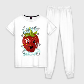 Женская пижама хлопок с принтом Клубничка в Тюмени, 100% хлопок | брюки и футболка прямого кроя, без карманов, на брюках мягкая резинка на поясе и по низу штанин | влюблённые | клубника | клубничка | любовь | романтика | символ | ягода | ягодка