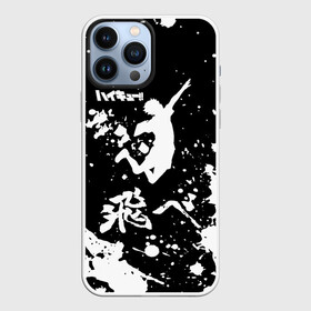 Чехол для iPhone 13 Pro Max с принтом Fly High Haikyu черно   белый в Тюмени,  |  | anime | haikyu | haikyuu | karasuno | karasuno high | manga | аниме | брызги | волейбол | волейбольный клуб | вороны | игрок | иероглифы | карасуно | лого | манга | надпись | прыжок | старшая школа | хаику | хаикую