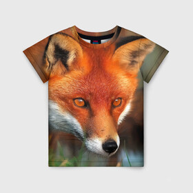 Детская футболка 3D с принтом Лисица охотница в Тюмени, 100% гипоаллергенный полиэфир | прямой крой, круглый вырез горловины, длина до линии бедер, чуть спущенное плечо, ткань немного тянется | fox | foxy | животное | звери | лиса | лисенок | лисичка | милая | рыжая | фокс
