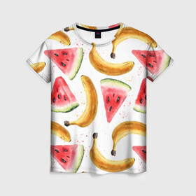 Женская футболка 3D с принтом Летний фреш арбуз банан в Тюмени, 100% полиэфир ( синтетическое хлопкоподобное полотно) | прямой крой, круглый вырез горловины, длина до линии бедер | арбуз | арбузы | банан | бананы | летний | лето | фреш | фрукты