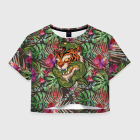 Женская футболка Crop-top 3D с принтом Тигр кусает змею в Тюмени, 100% полиэстер | круглая горловина, длина футболки до линии талии, рукава с отворотами | битва | змея | кобра | тигр | хищники | яд