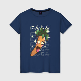 Женская футболка хлопок с принтом Японская кавайная морковка в Тюмени, 100% хлопок | прямой крой, круглый вырез горловины, длина до линии бедер, слегка спущенное плечо | anime | art | carrot | carrots | cute | fashion | japan | japanese | kanji | kawaii | manga | vegan | vegetables | алфавит | аниме | арт | в японском стиле | веган | кандзи | манга | милота | морковь | овощ | овощи | смех | японские буквы | япо