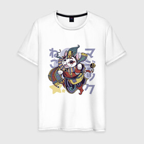 Мужская футболка хлопок с принтом Аниме кот Арлекин в Тюмени, 100% хлопок | прямой крой, круглый вырез горловины, длина до линии бедер, слегка спущенное плечо. | anime | art | cat | clown | cute | folklore | harlequin | japan | japanese | kanji | kawaii | kitten | kitty | manga | арт | в японском стиле | кандзи | клоун | котёнок | манга | милота | средневековый кот | фольклор | шут | японские буквы | яп