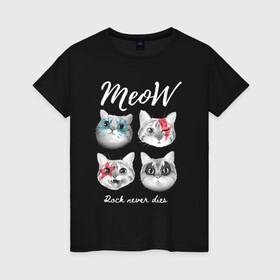 Женская футболка хлопок с принтом РОК КОТЫ в Тюмени, 100% хлопок | прямой крой, круглый вырез горловины, длина до линии бедер, слегка спущенное плечо | and | cat | cats | cute | funny | heavy | kitten | kitty | meow | metal | music | n | pet | rock | roll | star | кот | котик | коты | кошка | кошки | крутой | музыка | рок