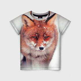 Детская футболка 3D с принтом Лисица и снег в Тюмени, 100% гипоаллергенный полиэфир | прямой крой, круглый вырез горловины, длина до линии бедер, чуть спущенное плечо, ткань немного тянется | fox | foxy | животное | звери | лиса | лисенок | лисичка | милая | рыжая | фокс