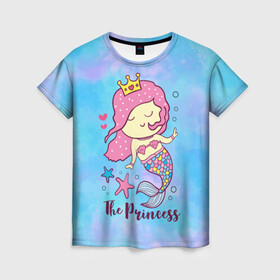 Женская футболка 3D с принтом Маленькая принцесса русалочка в Тюмени, 100% полиэфир ( синтетическое хлопкоподобное полотно) | прямой крой, круглый вырез горловины, длина до линии бедер | девочка | любовь | море | морские звезды | океан | русалка | русалочка | сердечки